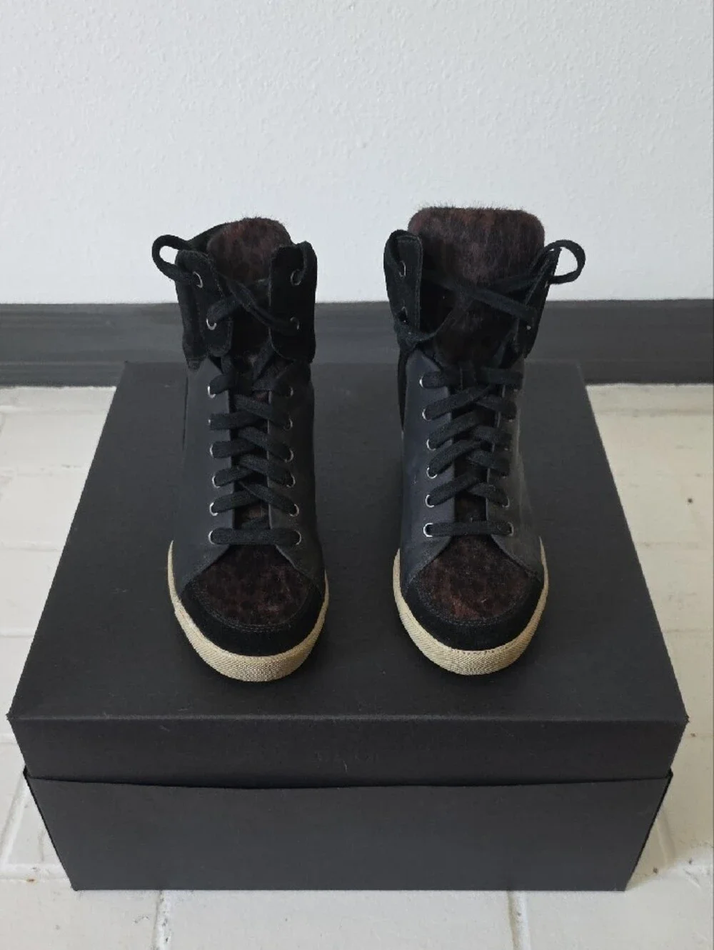 FRAU Women's Black Wedge High-Top Sneakers with Tan Sole. Size 8. Never Worn.
